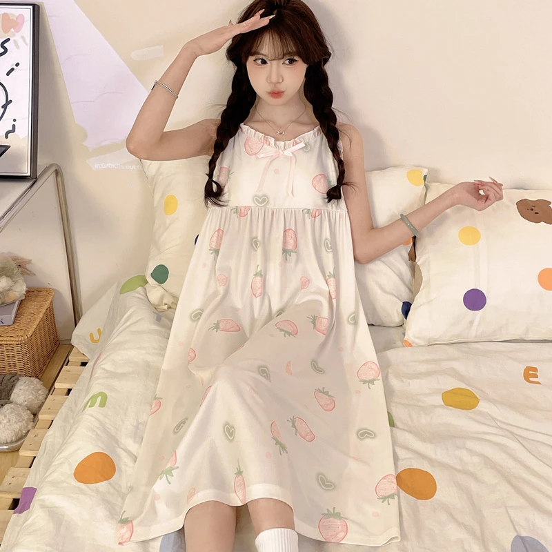 夏季新款V领带胸垫吊带性感睡裙甜美可爱修身女士中长款过膝夏天