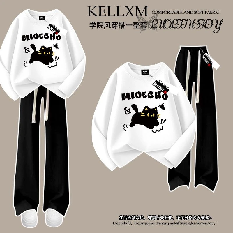 纯棉长袖t恤长裤套装2025秋季女童潮流洋气猫咪印花中大童两件套