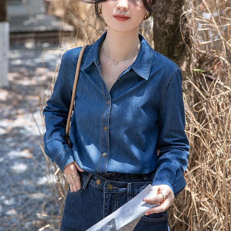蓝色牛仔衬衫女内搭叠穿设计感小众复古港味宽松长袖衬衣女外套