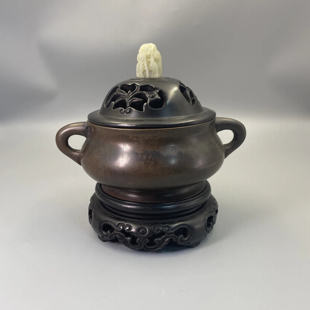 清代大明宣德年制款铜香炉带玉钮镂空木盖木底座益合/2501-1