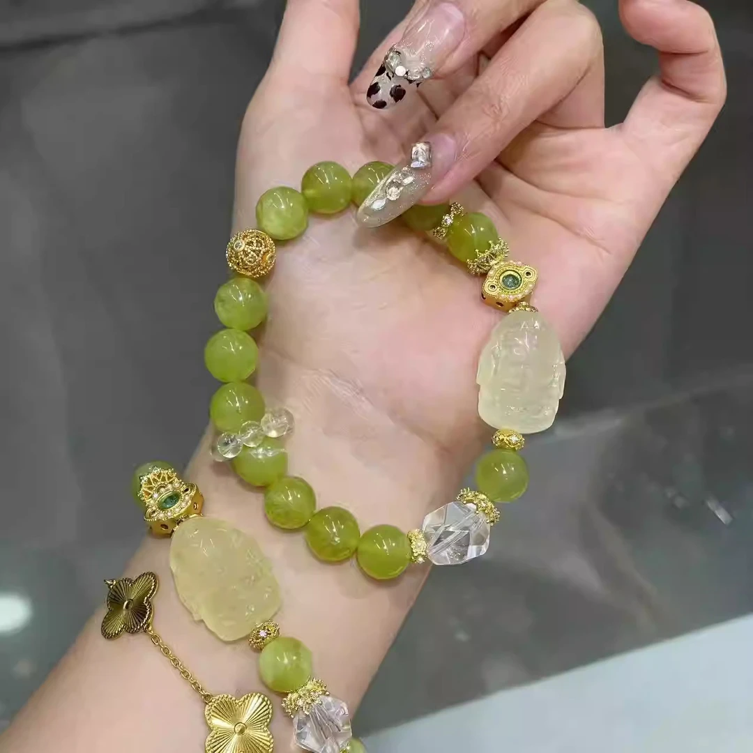 天然青提奶盖岫玉手串ins风精致时尚简约女手串饰品礼物气质手工