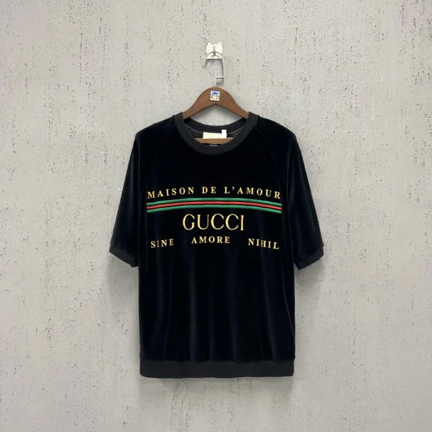 99新 GUCCI/古驰 gucci黑色胸前网拍刺绣麂皮短袖m码