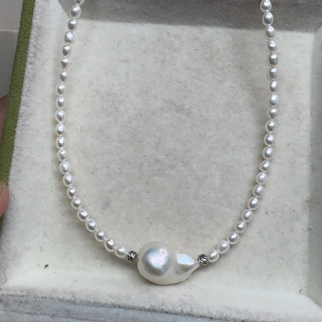淡水珍珠银S925镶嵌颈饰小米珠+巴洛克项链
