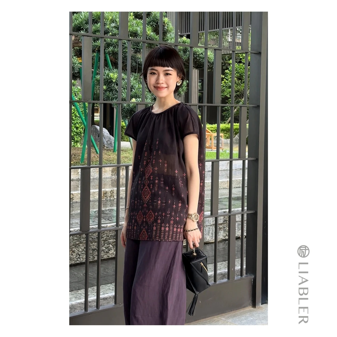 LIABLER W25春夏古典图腾印花圆领碎褶上衣 LSS251516J