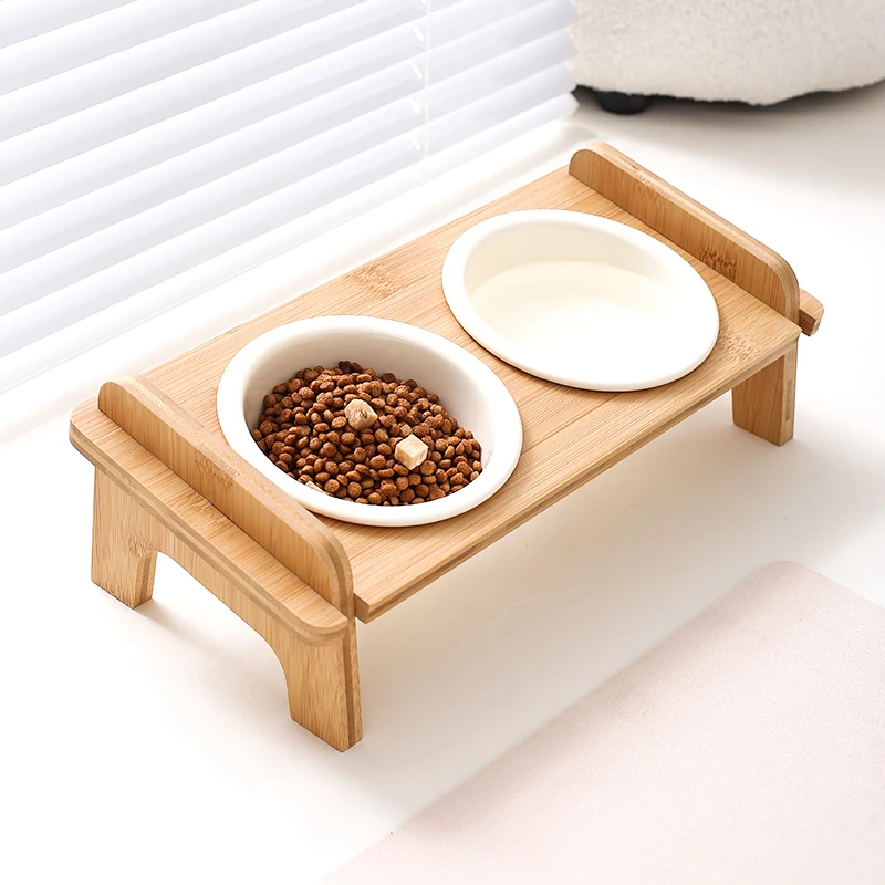陶瓷猫碗双碗木架倾斜防打翻保护颈椎猫咪食盆小型犬泰迪宠物用品
