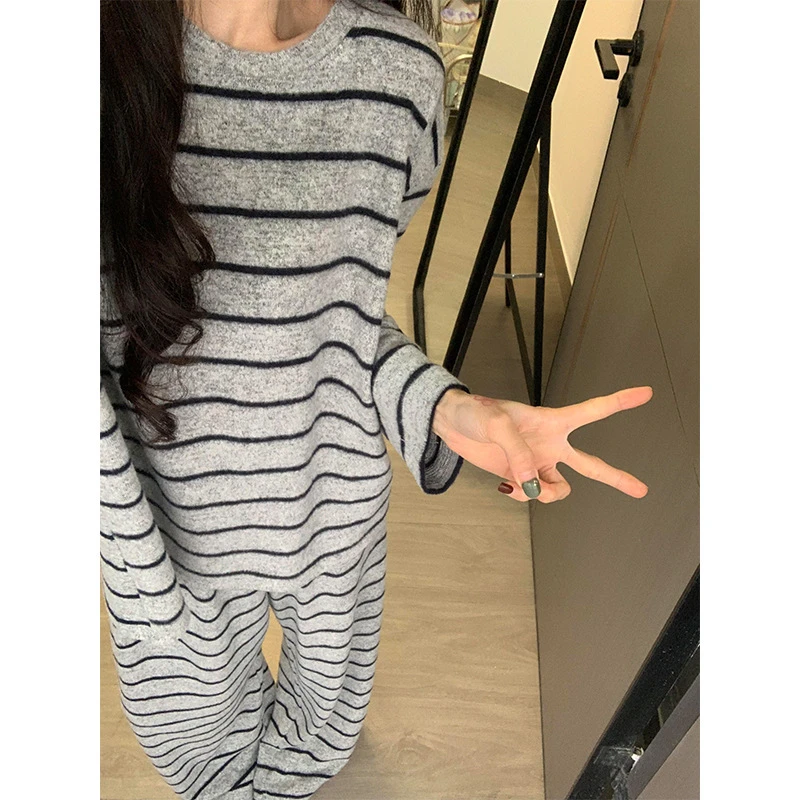 韩系ins简约条纹德绒睡衣女春秋款宽松舒适保暖家居服套装可外穿