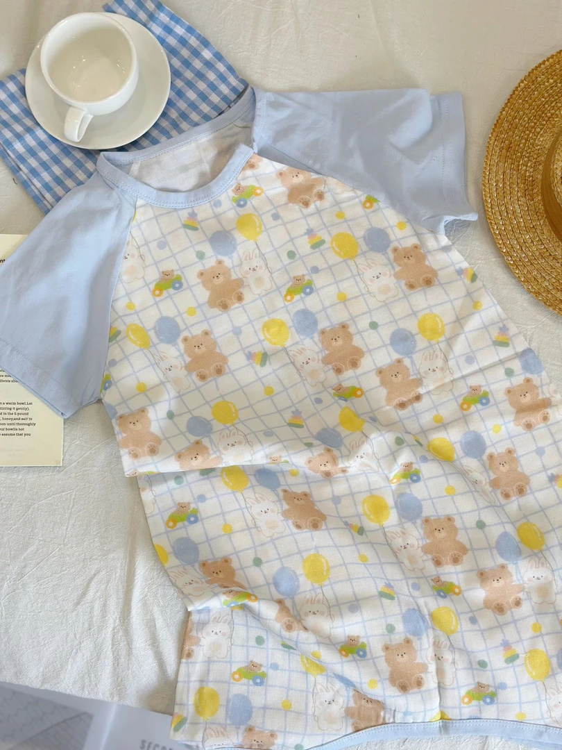 夏季一粒扣睡袍家居服新生儿休闲风居家可爱风满印