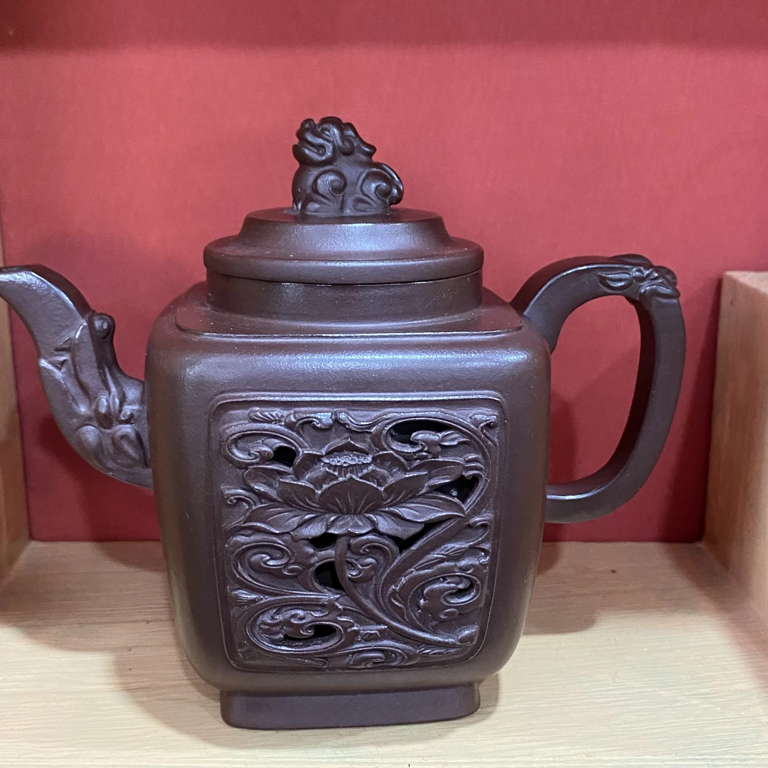 镂空祥瑞高四方家藏底槽清紫砂壶【华】