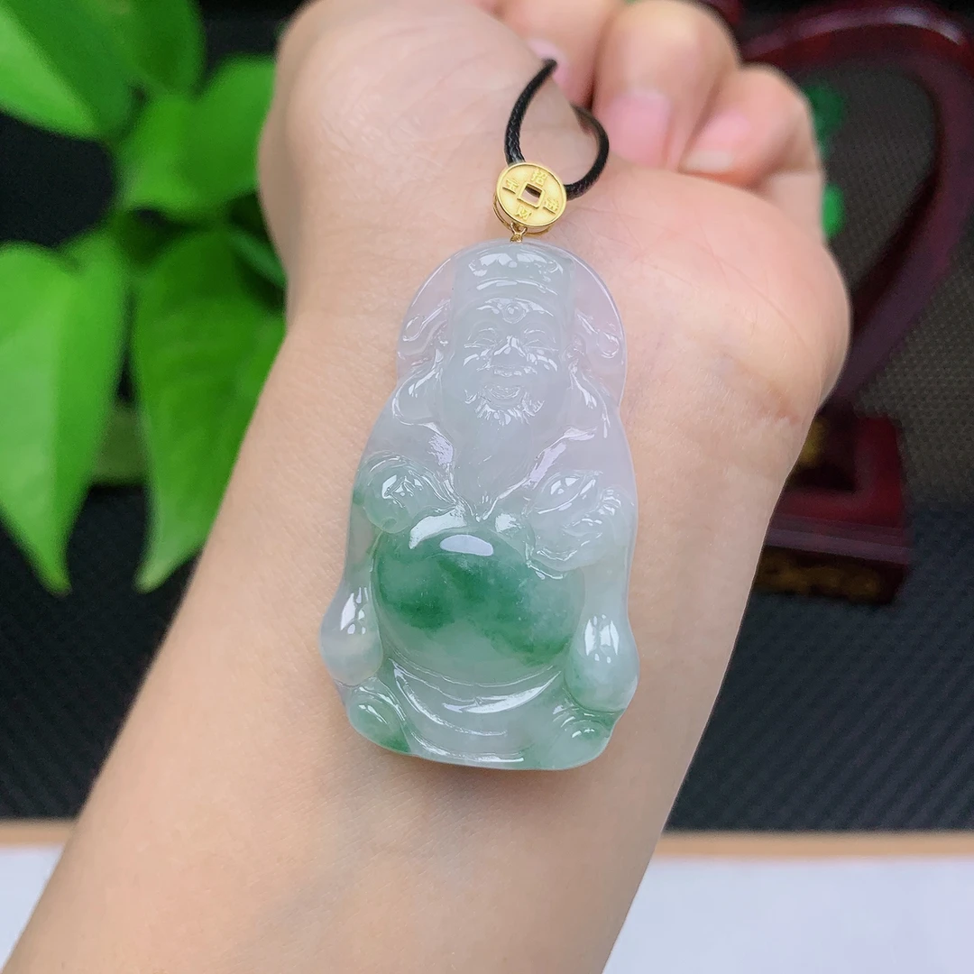 天然缅甸翡翠A货18k金扣头冰飘花财神吊坠玉石挂件16.42g