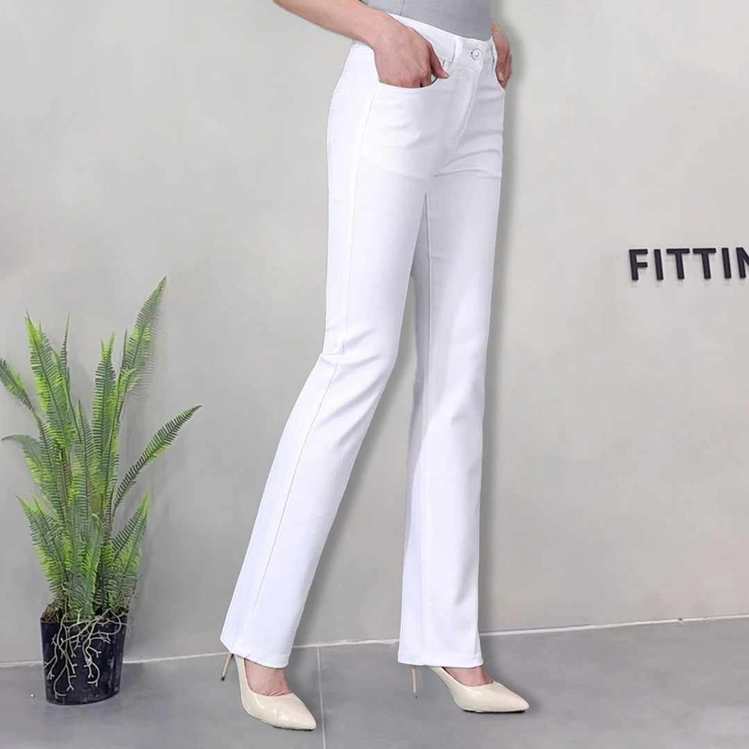 2025秋冬加绒加厚裤女白色裤高腰直筒弹力宽松休闲修身大码长裤潮