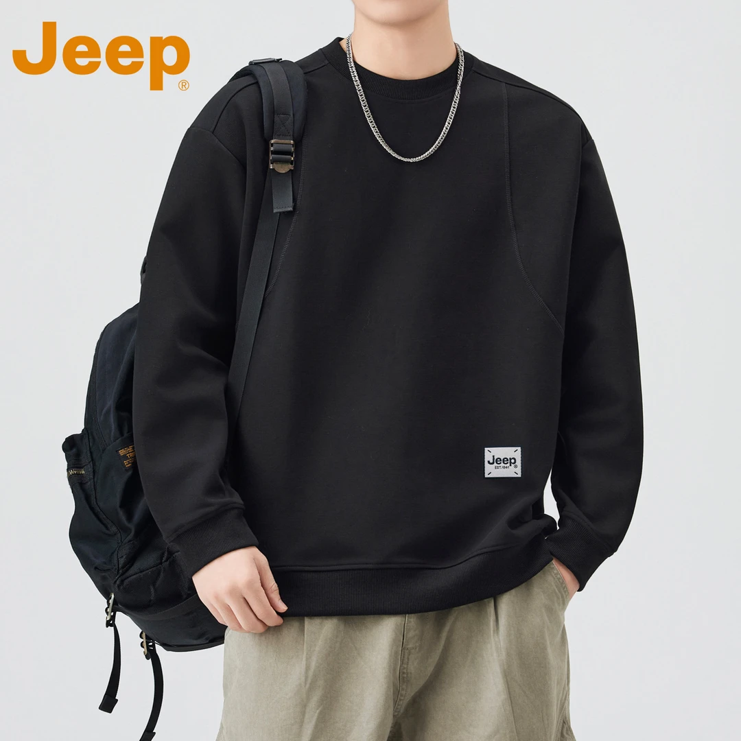 JEEP吉普美式复古圆领卫衣男士秋季黑色潮牌宽松休闲百搭长袖上衣