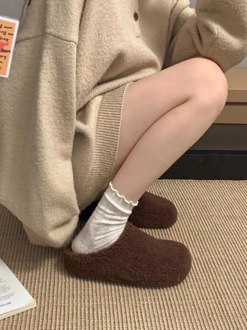 时尚米色网红超火厚底毛毛拖鞋女2024新款秋冬外穿软底包头棉拖鞋
