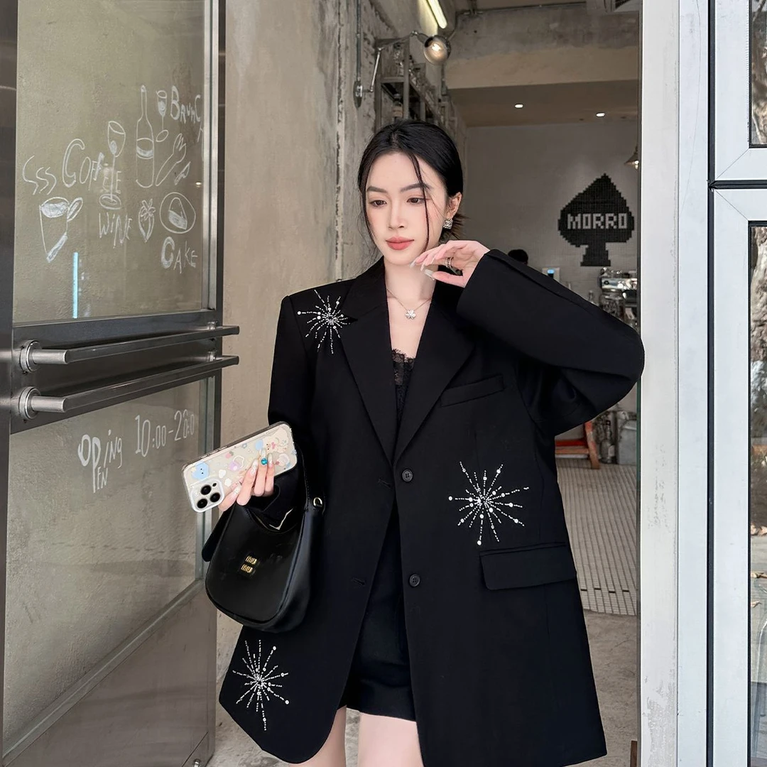 西装黑色外套女2025春秋新款精致小众设计感重工烫钻宽松高级西服