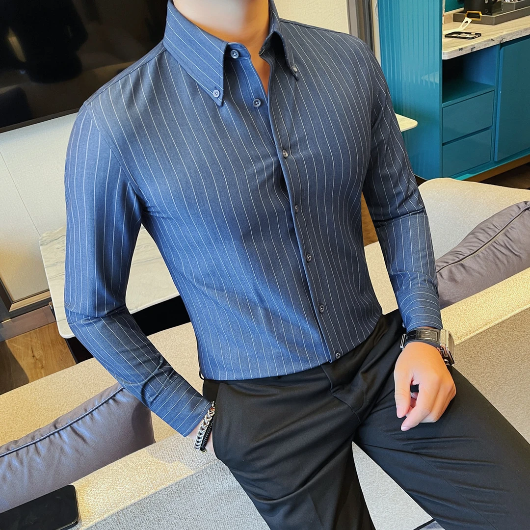 猎撒秋季新款男士长袖衬衫时尚商务休闲潮流修身百搭帅气条纹衬衣
