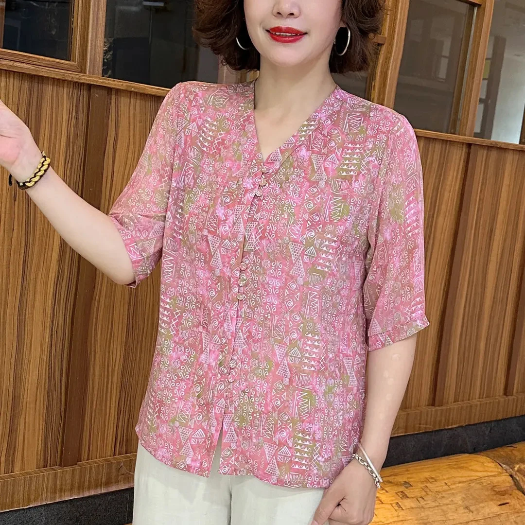 夏季薄款中袖妈妈装开衫纽扣衬衫袖时尚中老年百搭气质宽松 X8770
