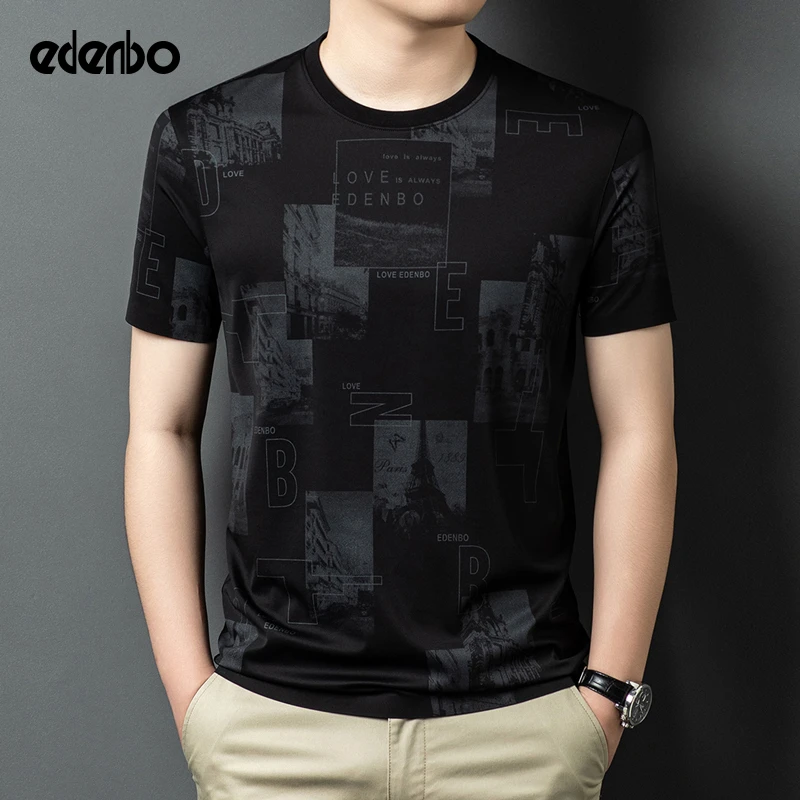 【商场同款】爱登堡男士t恤短袖夏季休闲潮流圆领印花桑蚕丝体恤衫