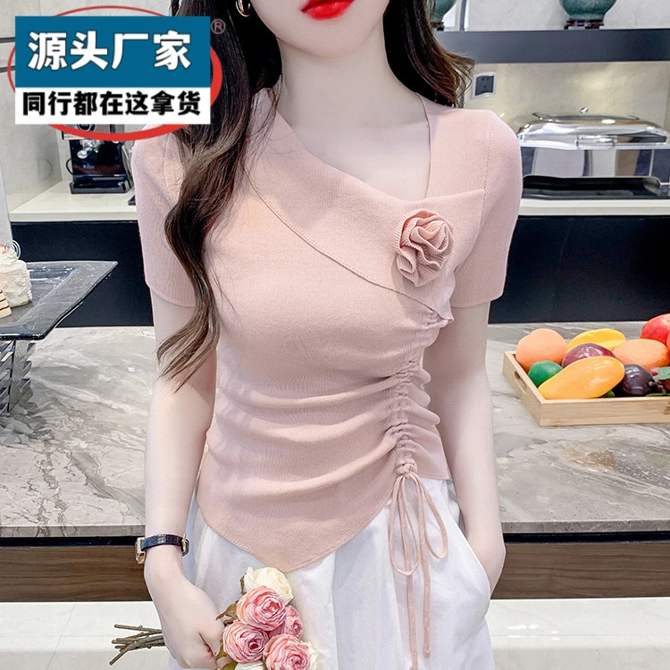 梵乐芬新款夏季韩系独特短款T恤女修身不规则纯色领洋气抽绳上衣