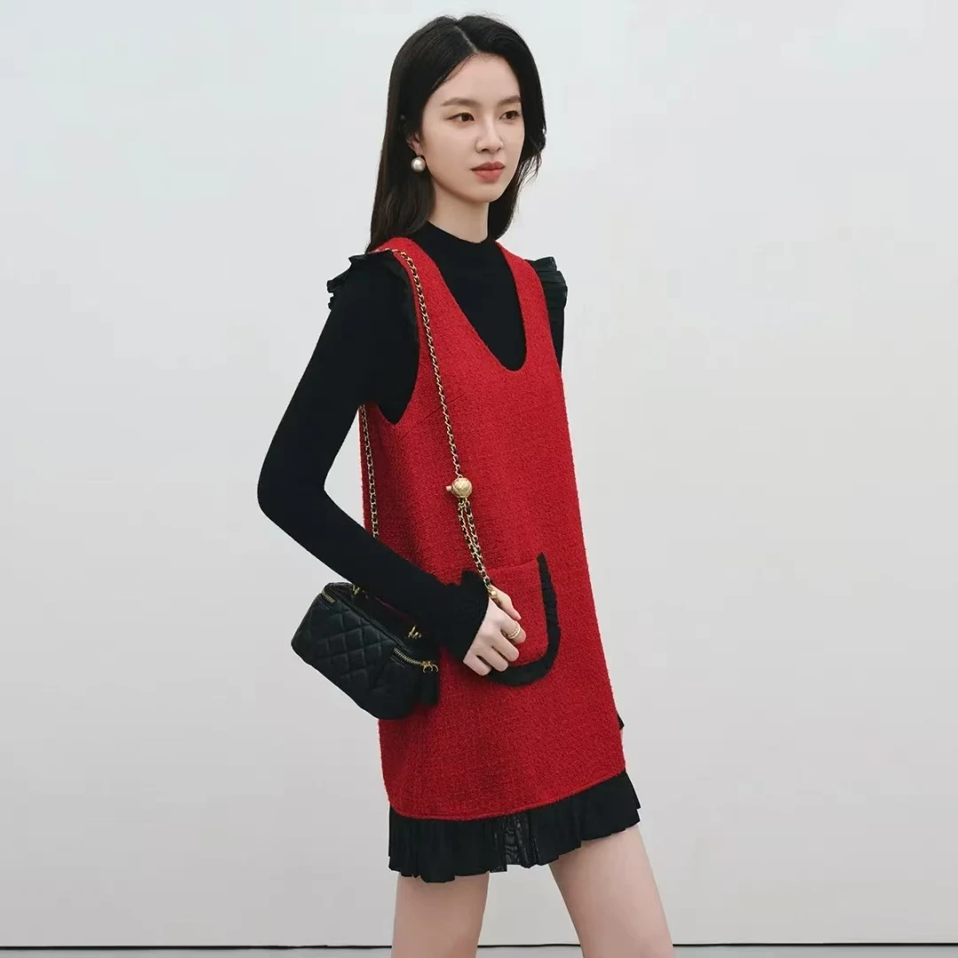 D029新款2025秋冬长袖小香风套装打底衫加羊毛马甲女连衣裙两件套