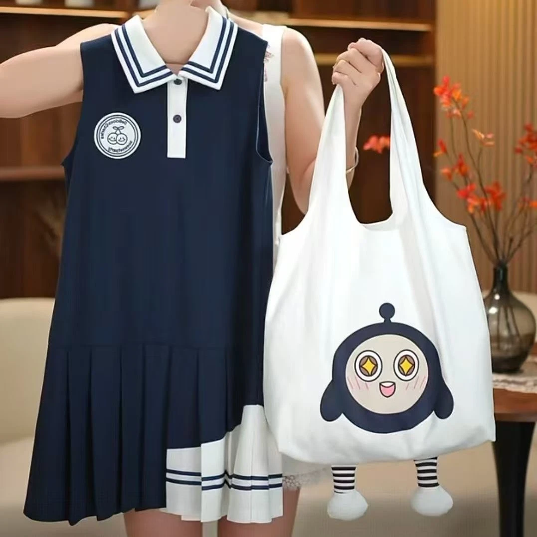 现货【送包包】女童连衣裙夏季学院风蝴蝶结polo领镂空百褶裙