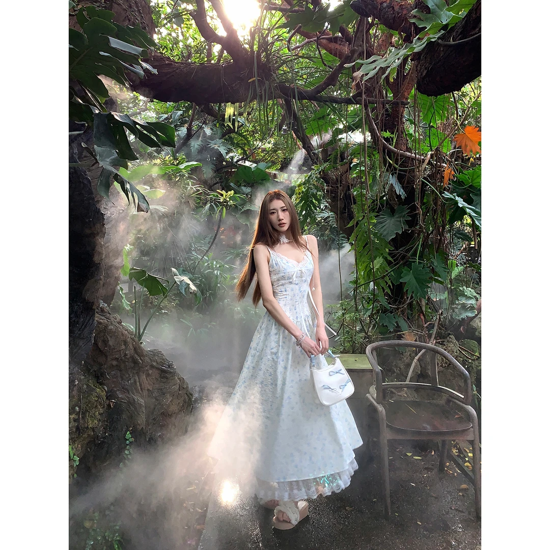 DREAM SEVEN77法式收腰春碎花吊带连衣裙长款裙设计感套装QL86685