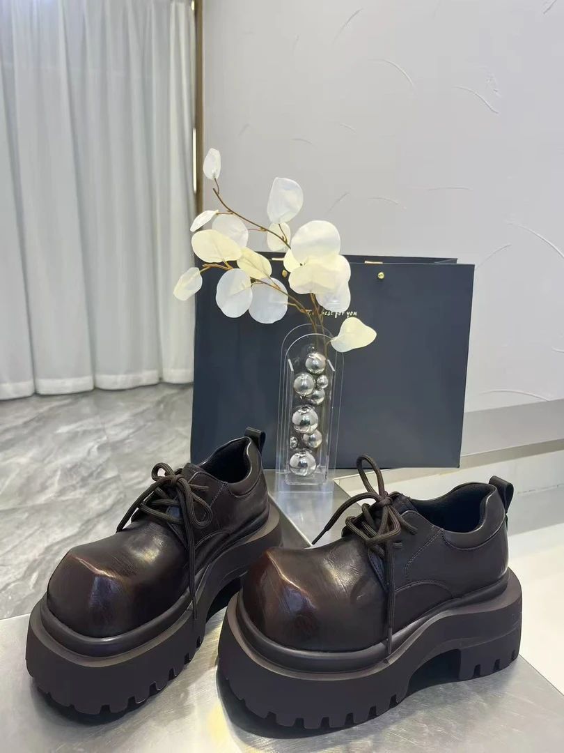 唐小肉厚底增高异形头系带擦色复古个性韩版黑色乐福鞋131单鞋