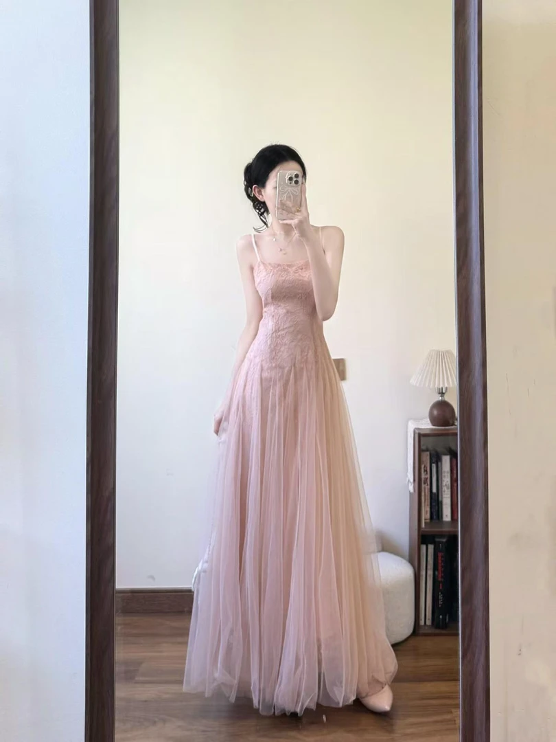 粉色纱裙吊带连衣裙夏五一出游出片穿搭大摆长裙仙女裙