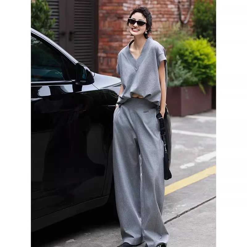 灰色短袖运动套装女2025夏季新款纯色百搭V领短袖休闲长裤两件套
