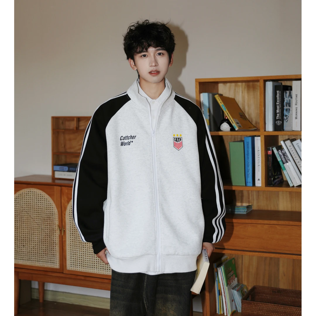 条纹拼色立领开衫卫衣男2024春秋季新款重磅潮牌复古宽松休闲外套