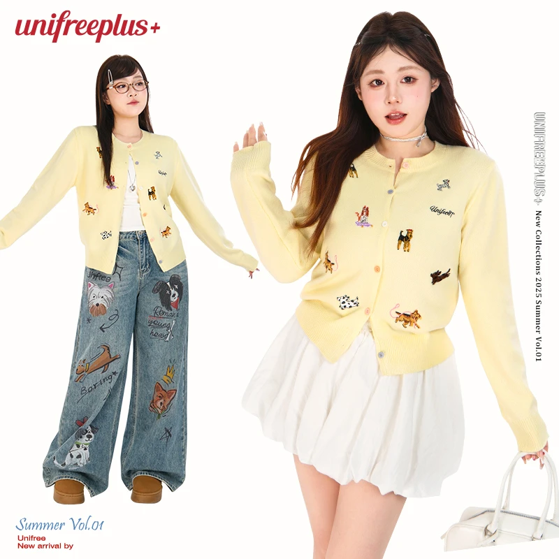 UNIFREEPLUS小狗刺绣针织开衫韩版大码女装洋气百搭时尚短款外套