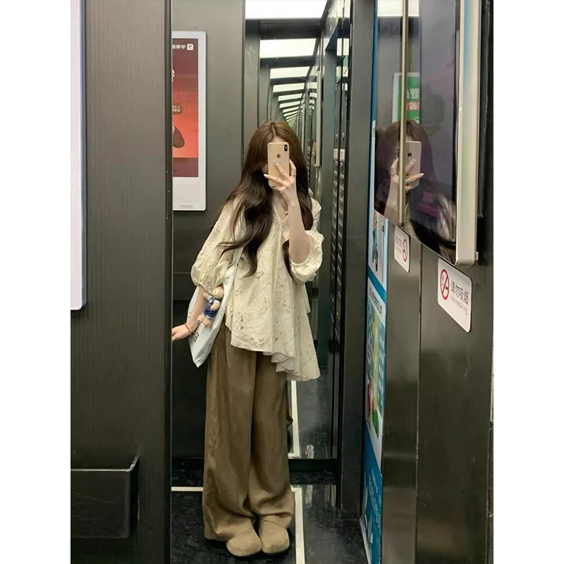 夏装搭配一整套高级感韩系大码多巴胺不规则镂空衬衫阔腿裤套装女