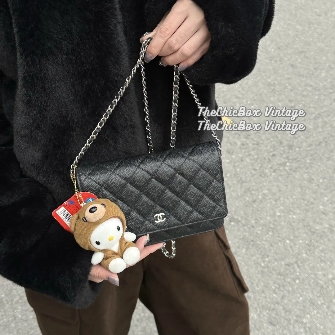 99新 Chanel/香奈儿 只盒/Chanel黑银荔枝牛皮woc发财斜挎包