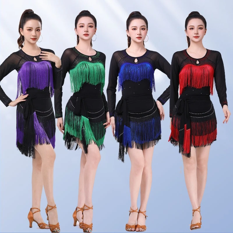 镶钻恰恰舞拉丁舞服装新款流苏上衣长袖摩登交谊舞演出三步踩裙子