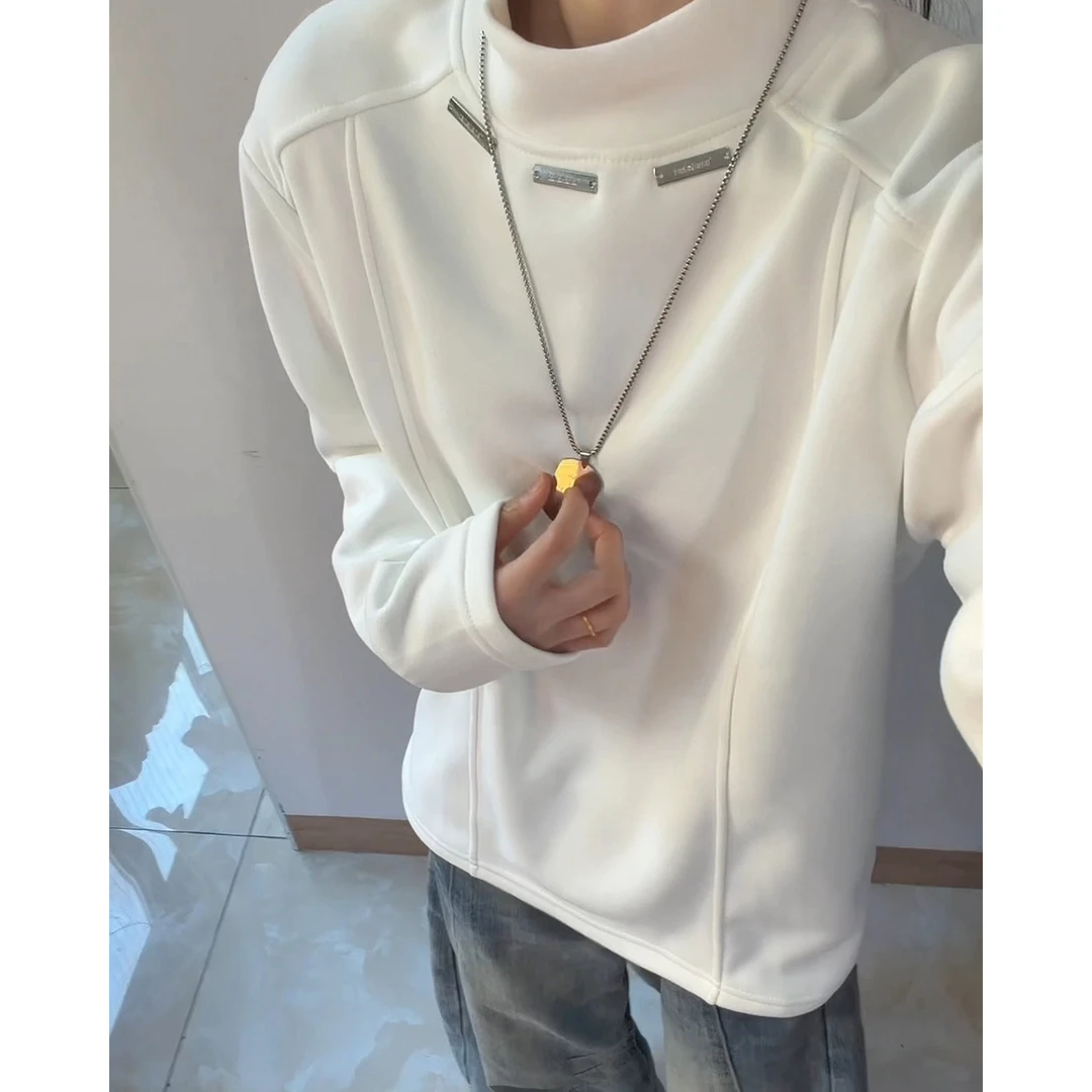 白色半高领德绒长袖t恤男款冬季加厚保暖内搭打底衫美式正肩卫衣