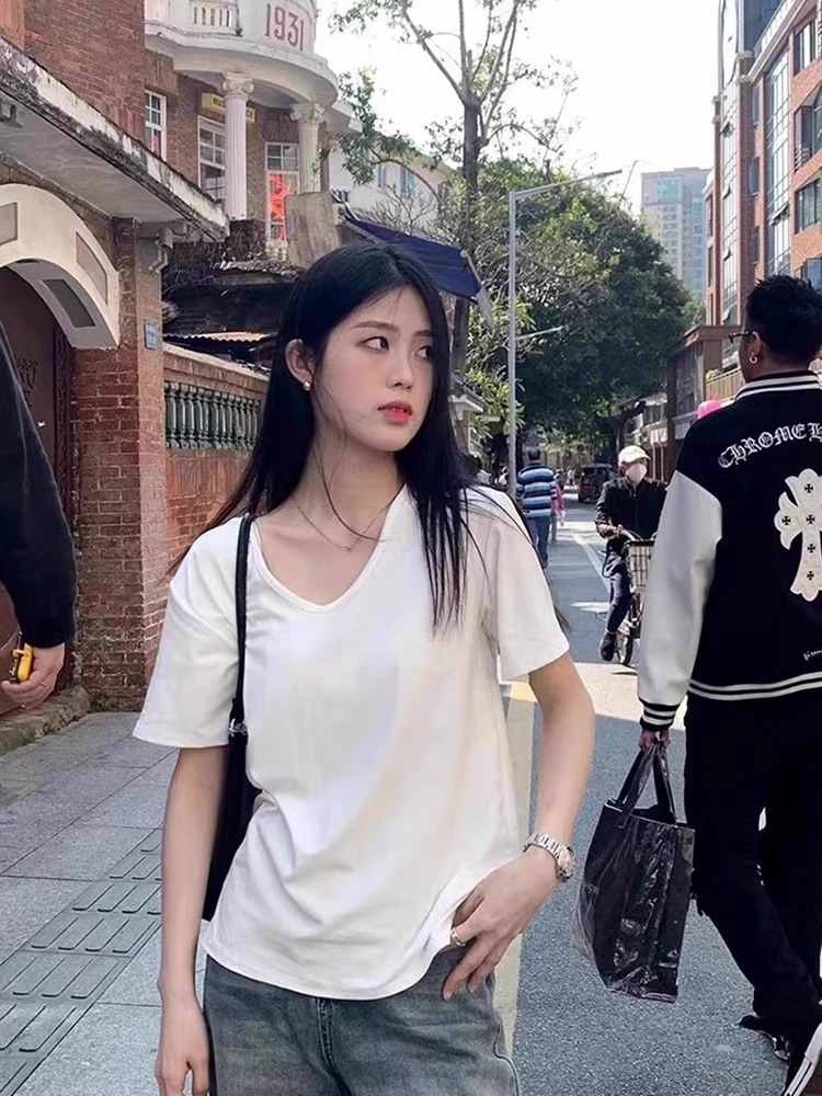 纯色短袖T恤内搭2025夏季新款V领正肩宽松打底衫休闲显瘦百搭上衣