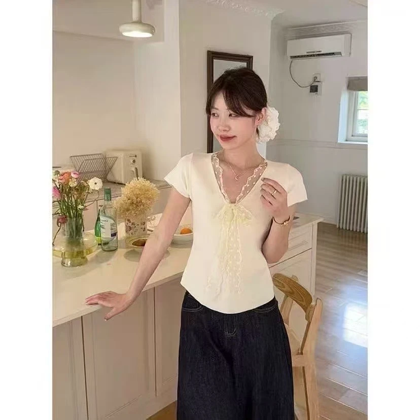 2025春夏新款韩系纯欲蕾丝绑带设计短袖针织衫女洋气百搭修身上衣