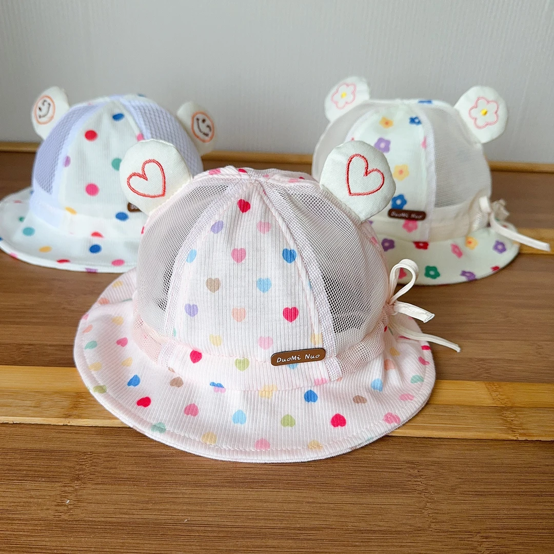 宝宝帽子夏季网眼女宝宝遮阳花朵彩色点点甜美夏天防晒太阳渔夫帽