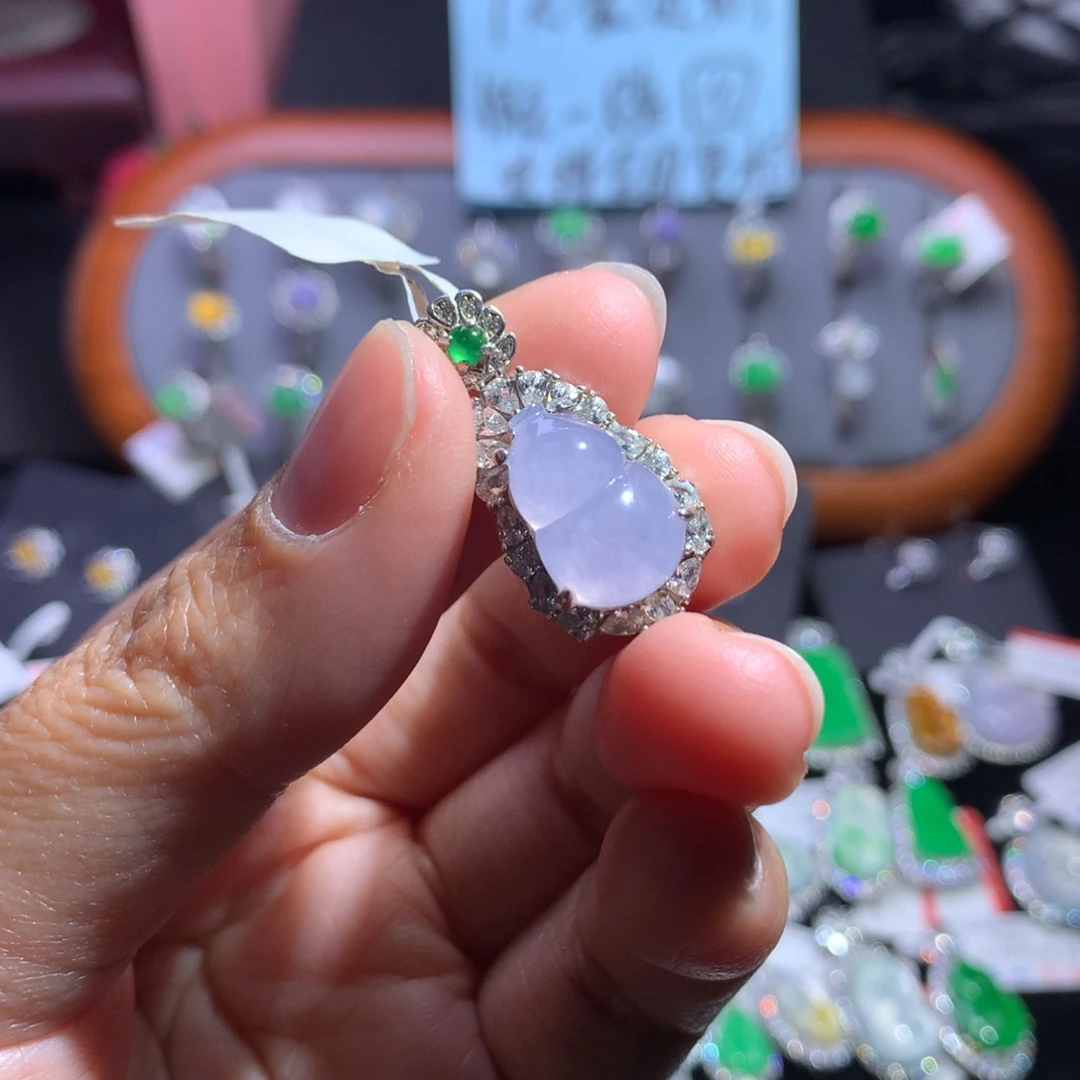 翡翠颈饰银S925镶嵌天然翡翠A货缅料高冰粉紫葫芦吊坠