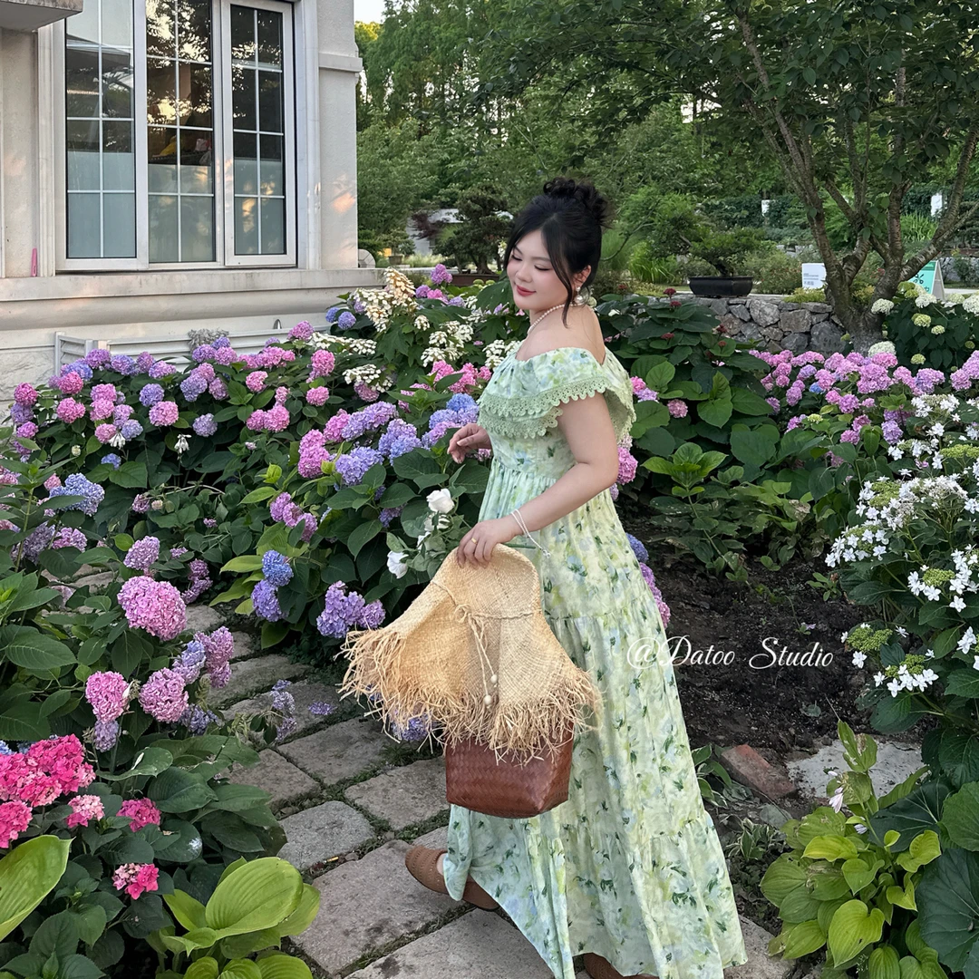 DATOO 【绿野仙踪】微胖大码千金重工花边蕾丝重工度假法式连衣裙女
