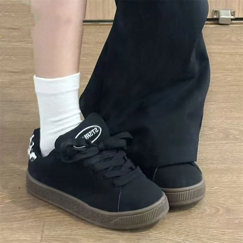 国潮复古黑色豹纹厚底板鞋女ins小众百搭舒适德训鞋休闲面包鞋子