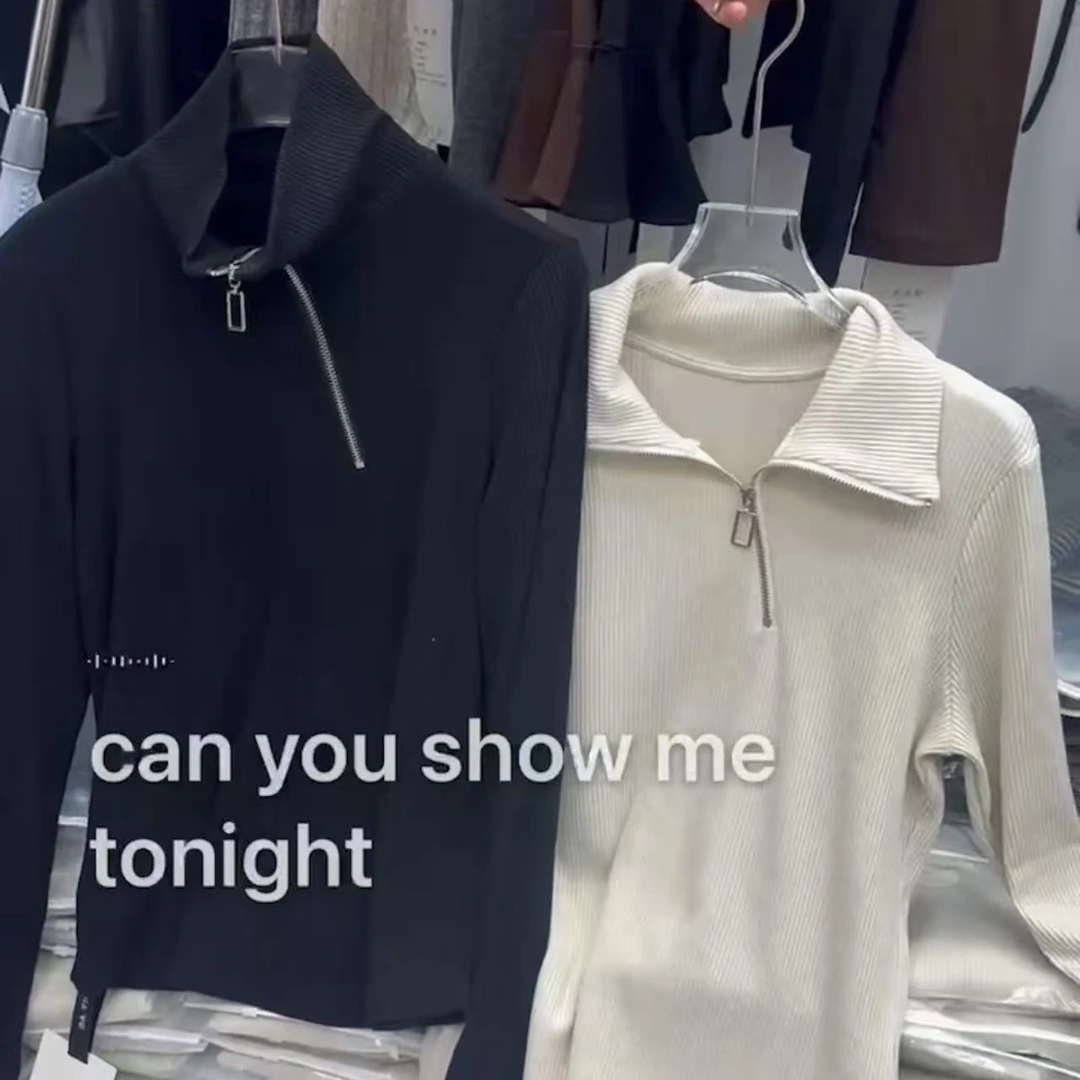 拼接拉链针织厚款长袖打底衫