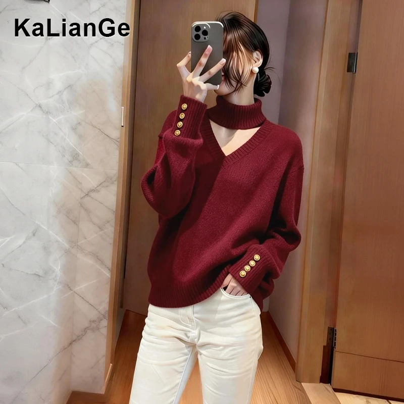 卡莲格/时尚轻熟风镂空内搭毛衣女秋冬新款软糯显瘦套头打底毛衣