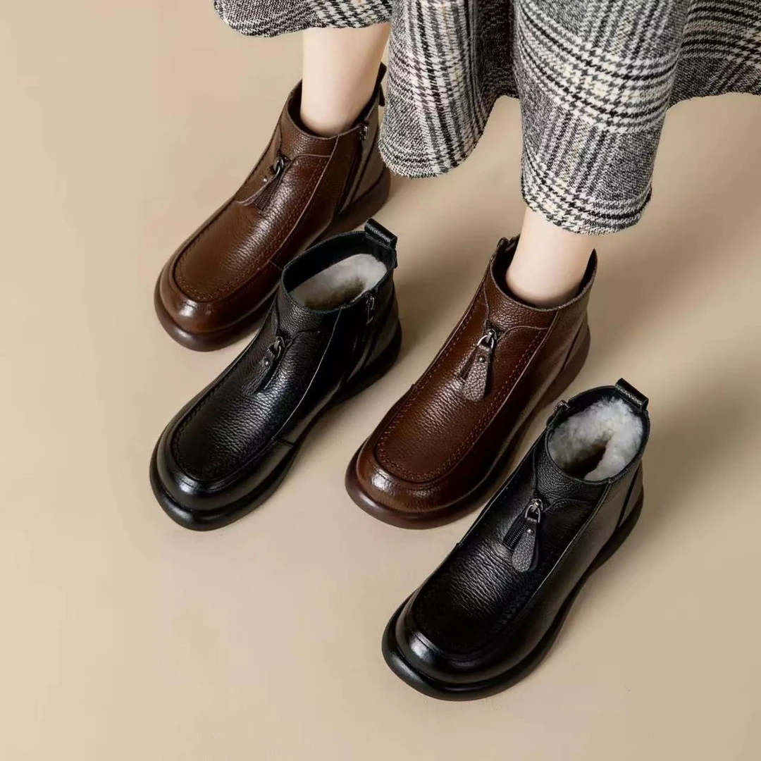 女士头层牛皮羊皮毛一体棉鞋