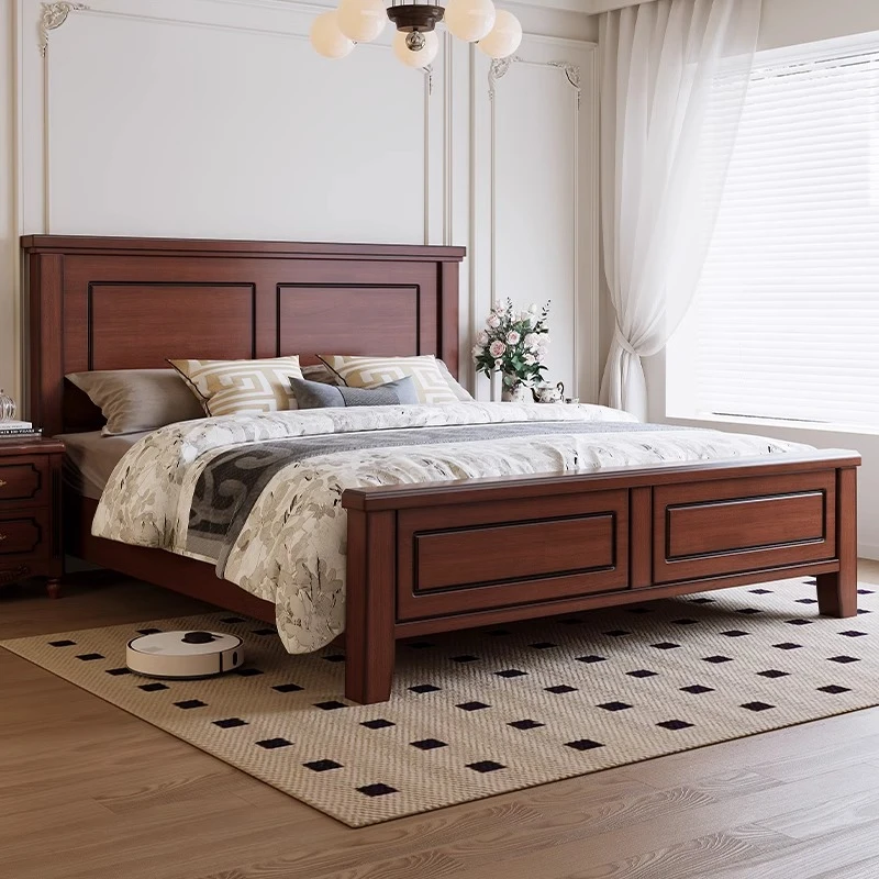 美式简约加厚全实木1米8双人大床胡桃色怀旧风格主卧婚床高箱储物
