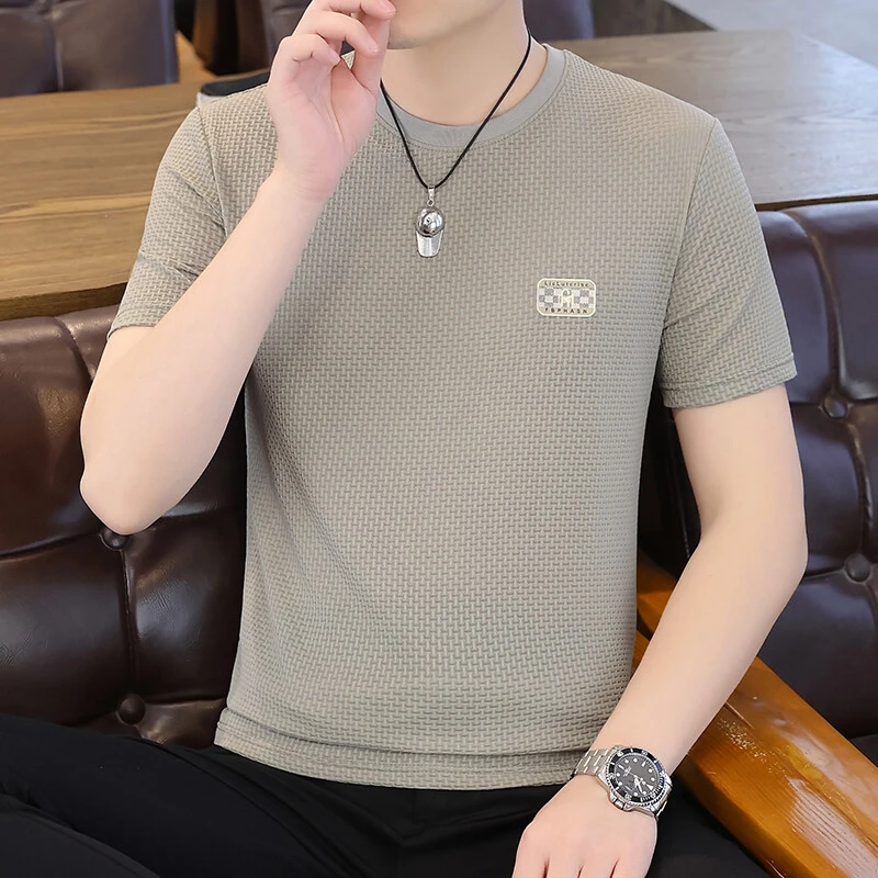 夏季新款男士冰丝短袖T恤休闲宽松圆领薄款凉感丝滑体恤夏天半袖