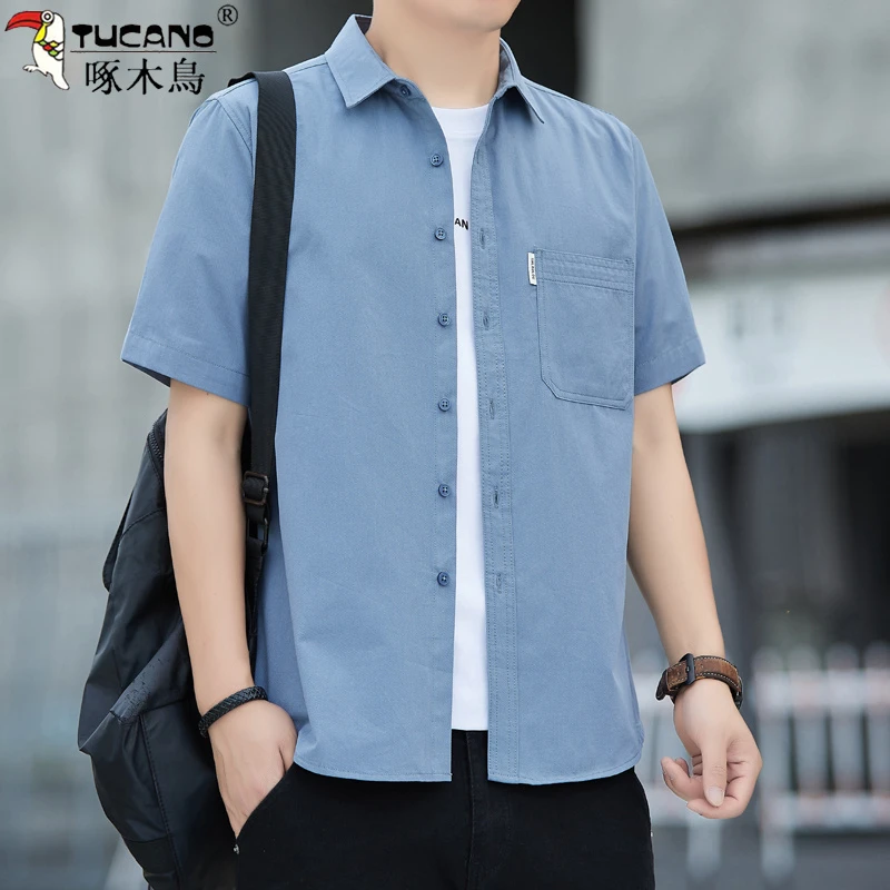啄木鸟男士夏季纯棉短袖衬衫商务休闲翻领宽松透气纯色半袖衬衣男