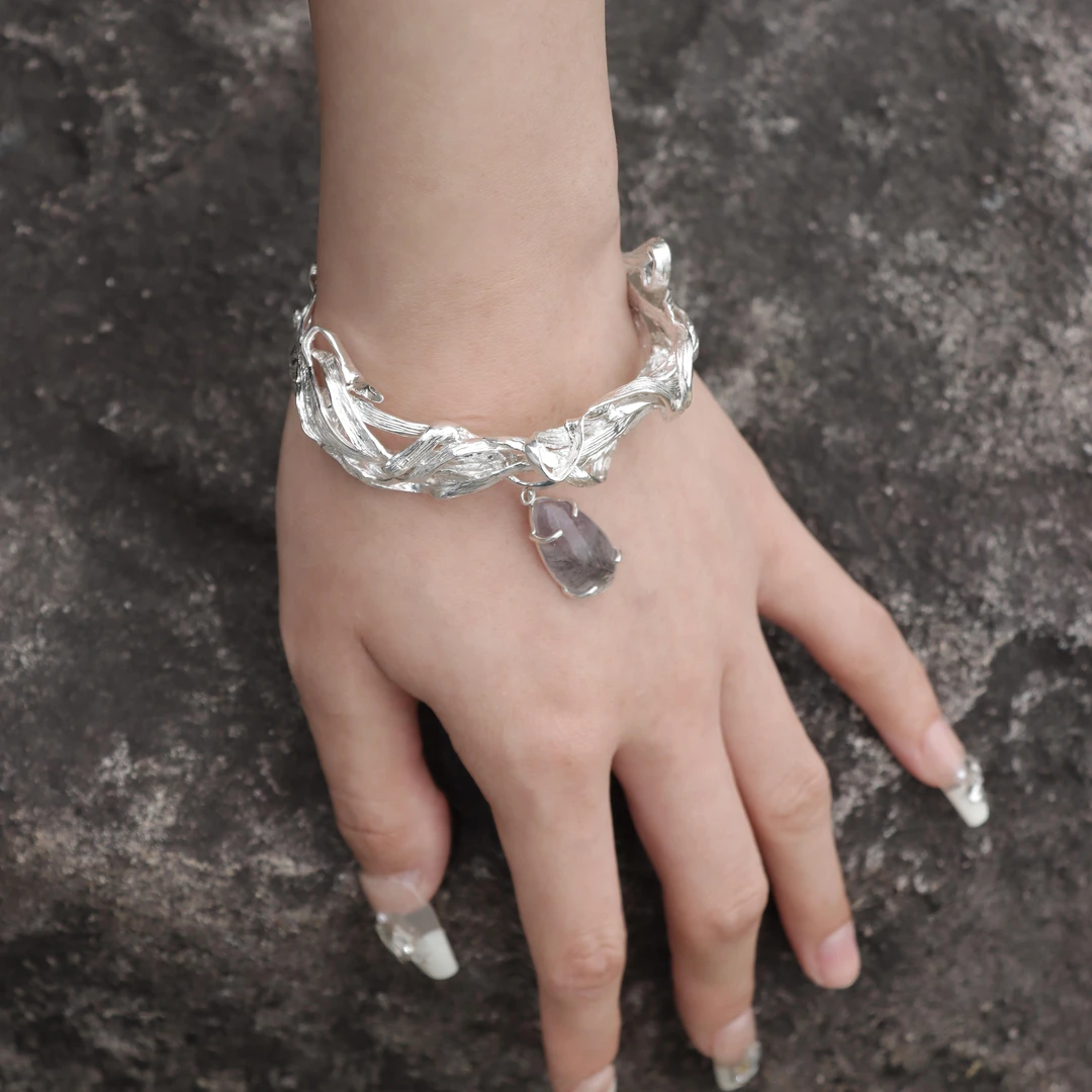 东黑三白 925银手镯 宙藤 s930银原创设计肌理小众重工宝石开口镯