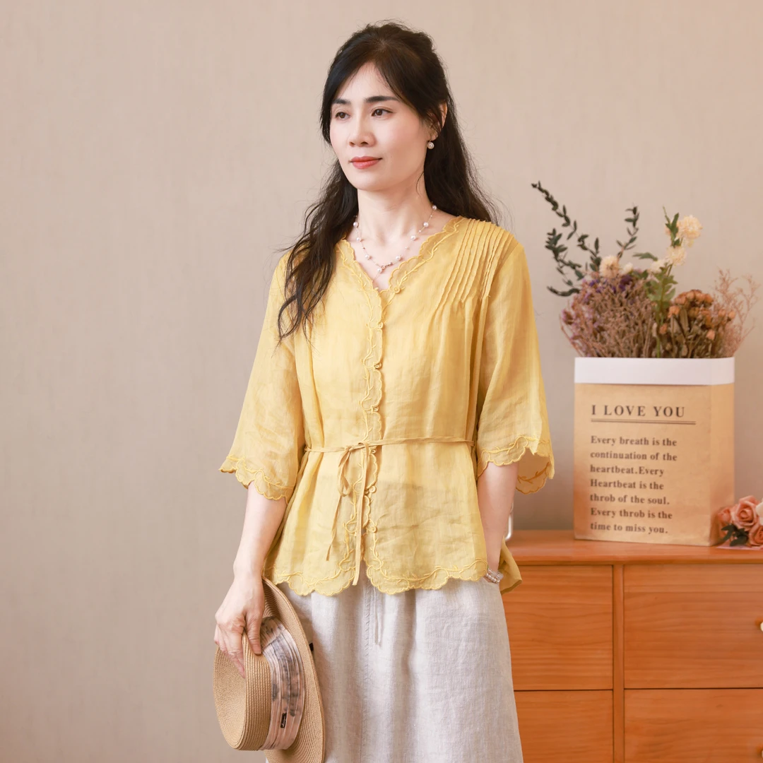 夏季纯色苎麻小衫短袖上衣袖口下摆花边腰部抽绳宽松修身显瘦