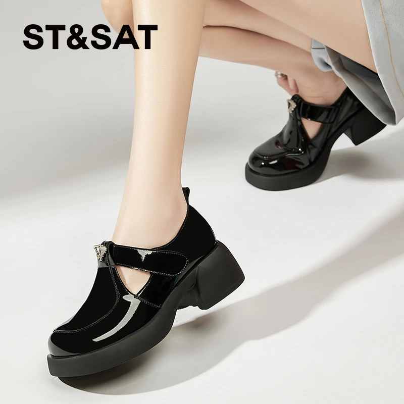 星期六羊皮5.5CM厚底玛丽珍鞋漆皮小皮鞋2025秋季增高复古乐福鞋