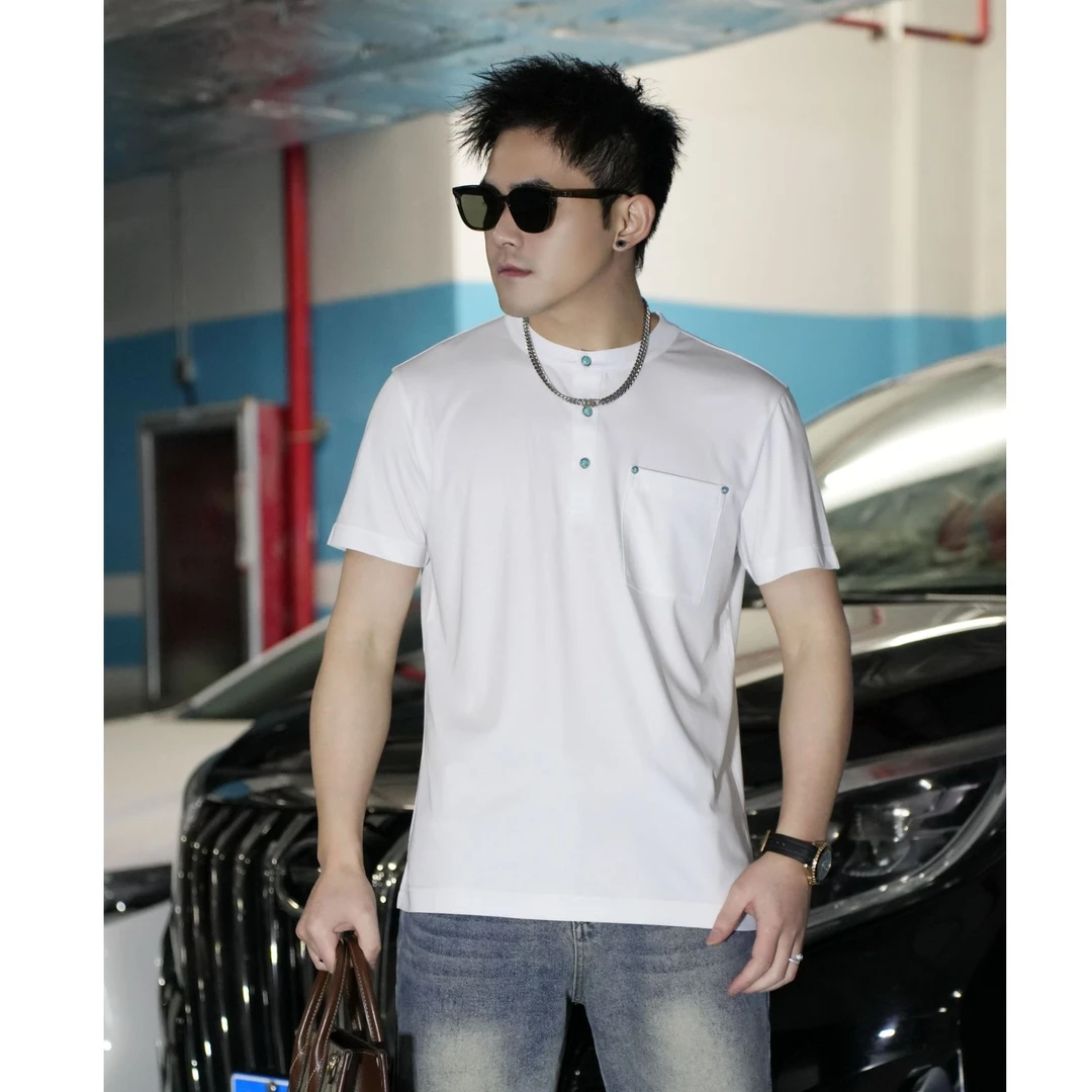 2025夏季男士新款绿松石休闲圆领潮流修身新中式短袖t恤百搭半袖