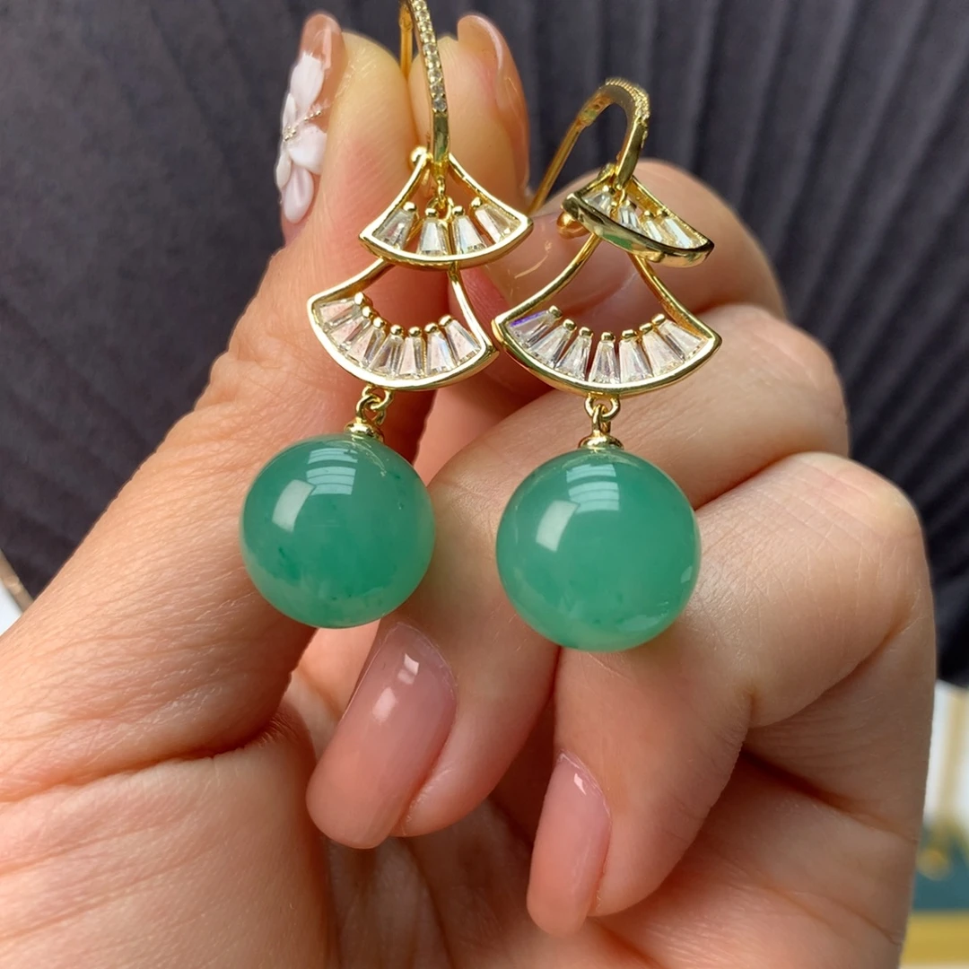 石英质玉（非洲翠）银S925镀金镶嵌冰飘花精品耳饰